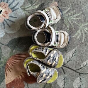 Stride Rite White and Blue Athletic Shoes, Gray Camo Shark Neon Green Sandals